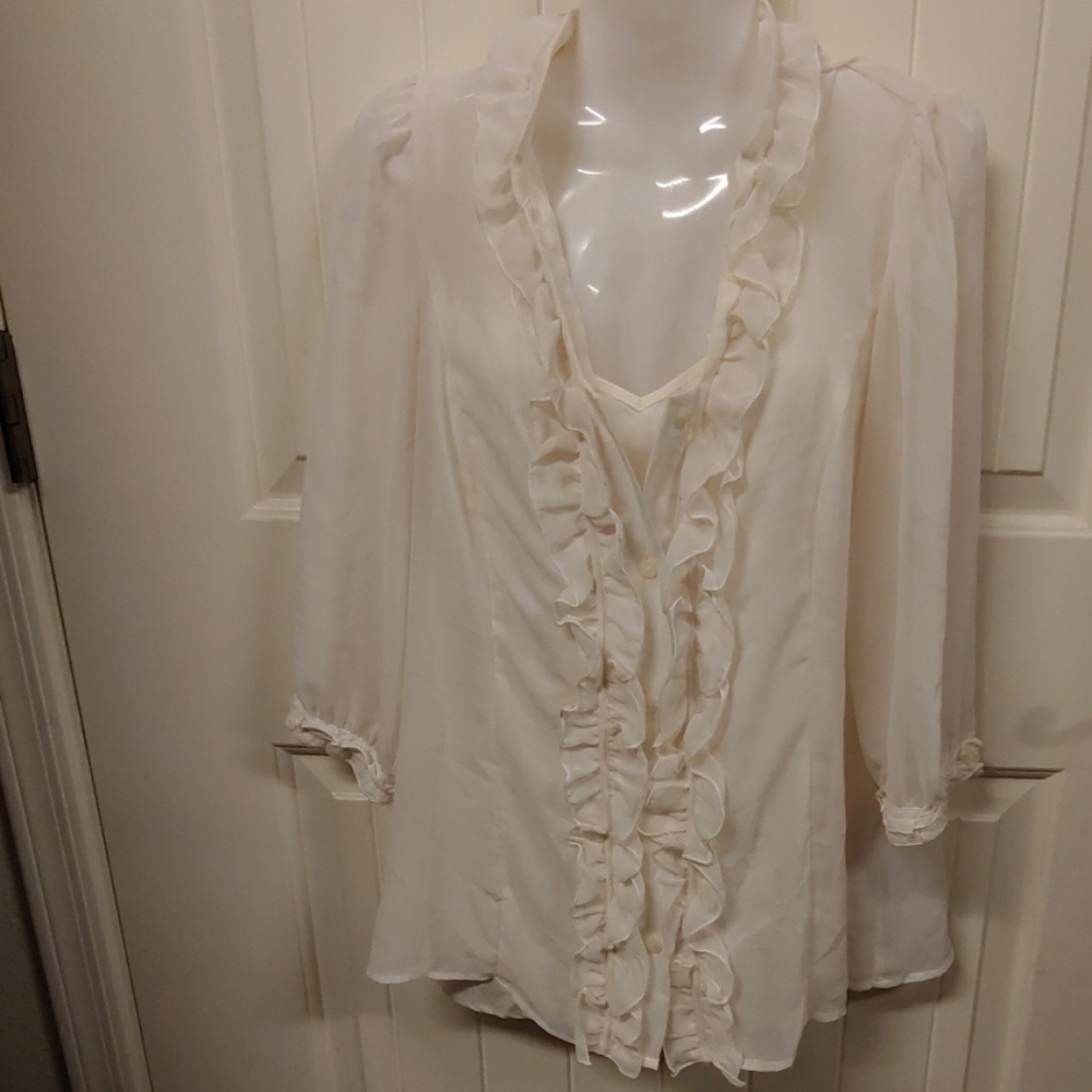 Ruffled off white button down blouse